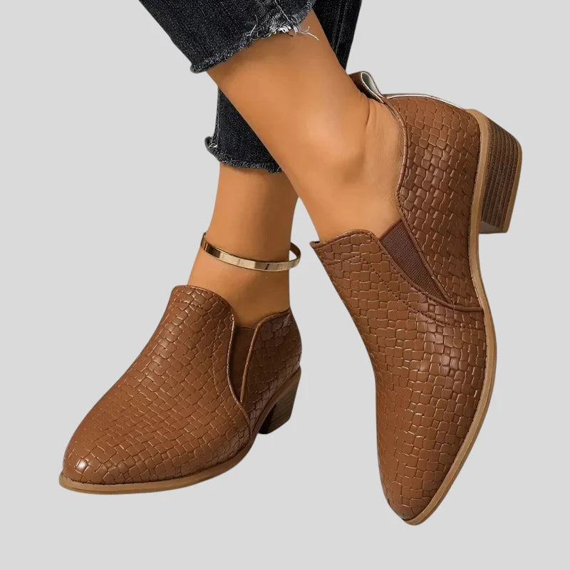 Ingrid | Women's Leather Braided Ankle Boots with Block Heel