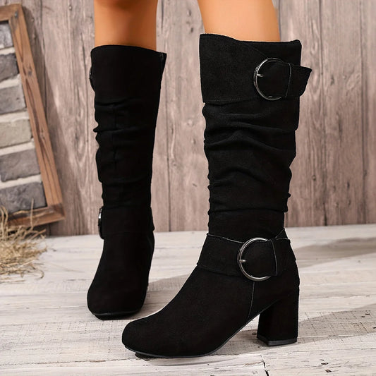 Iris | Women's Pleated Knee-High Boots with Block Heel