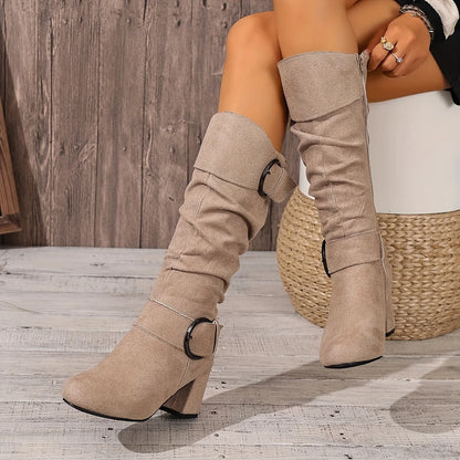 Iris | Women's Pleated Knee-High Boots with Block Heel