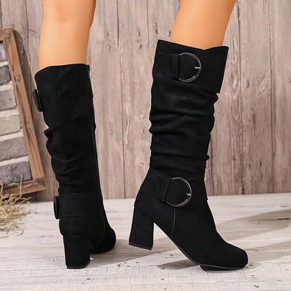 Iris | Women's Pleated Knee-High Boots with Block Heel