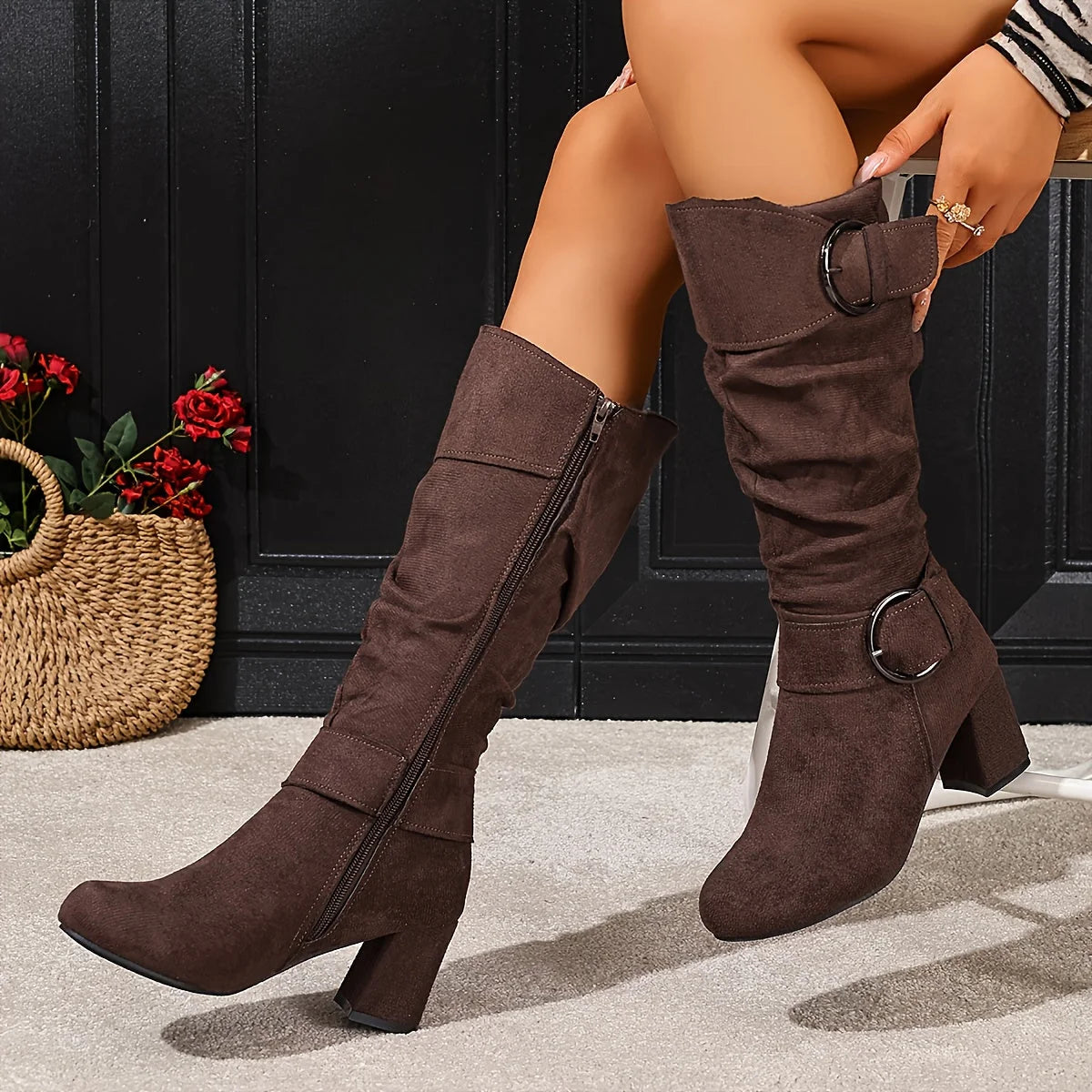 Iris | Women's Pleated Knee-High Boots with Block Heel