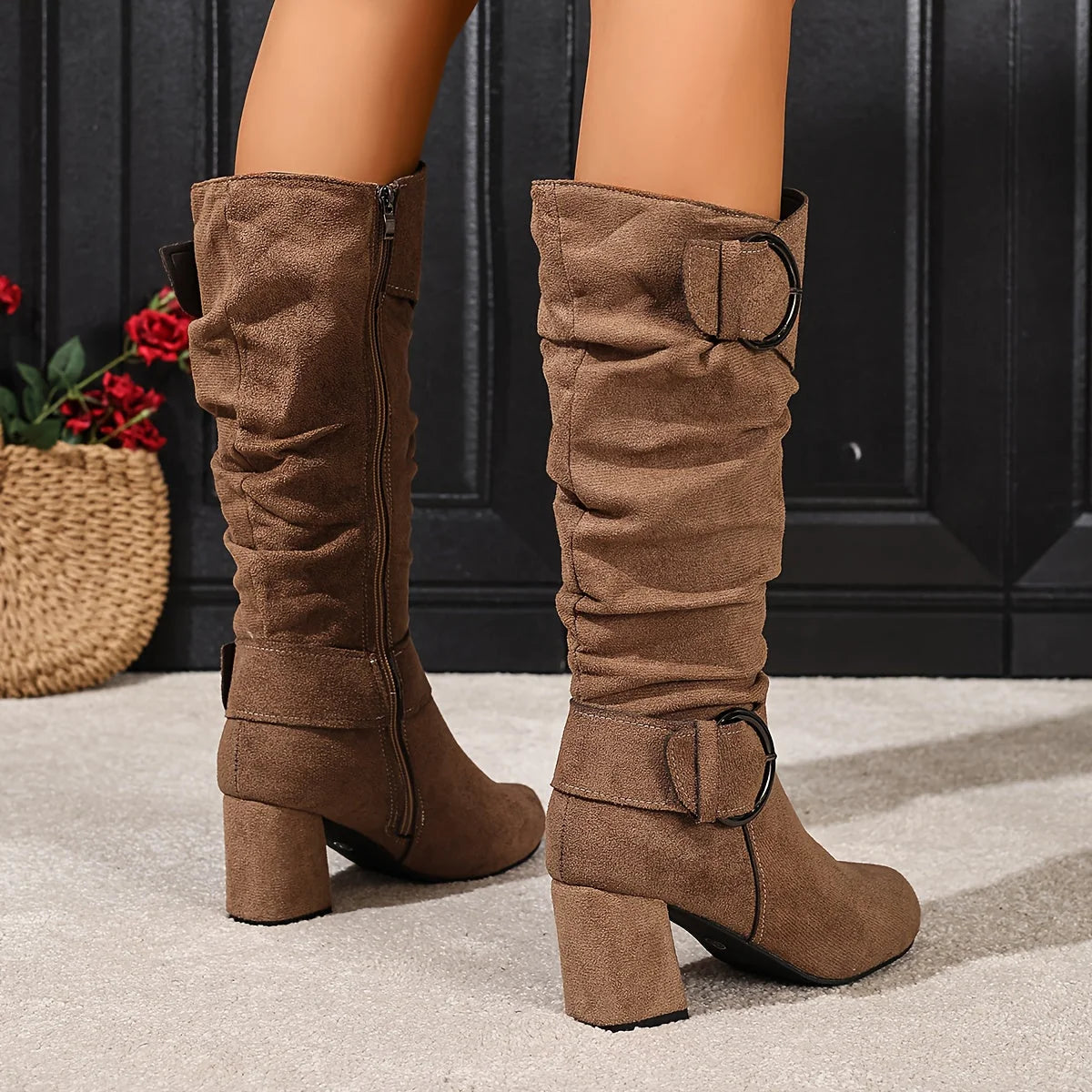 Iris | Women's Pleated Knee-High Boots with Block Heel