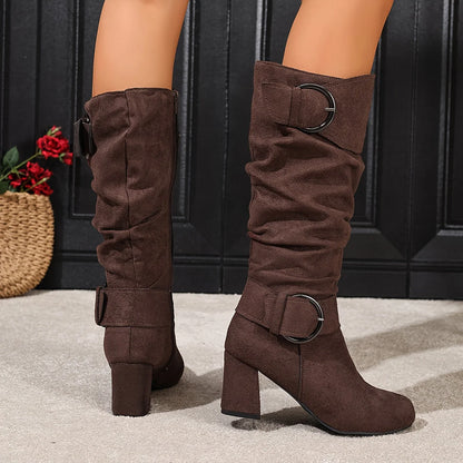 Iris | Women's Pleated Knee-High Boots with Block Heel