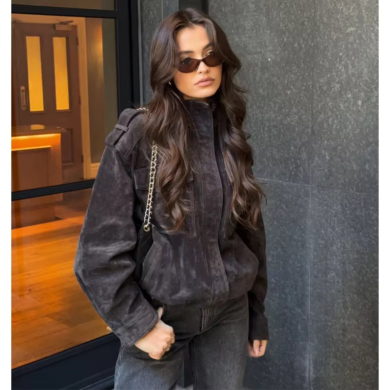 Ivy | Women's Faux Leather Suede Cropped Bomber Jacket