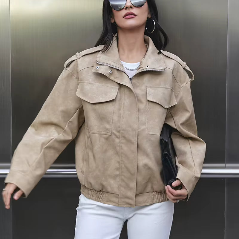Ivy | Women's Faux Leather Suede Cropped Bomber Jacket