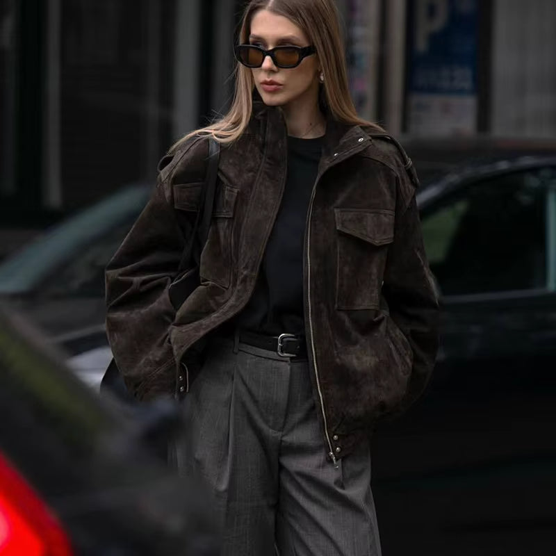 Ivy | Women's Faux Leather Suede Cropped Bomber Jacket