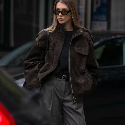 Ivy | Women's Faux Leather Suede Cropped Bomber Jacket