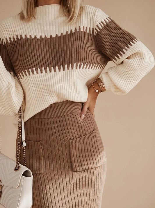 Lena | Women's Knit Turtleneck Sweater Set Midi Skirt