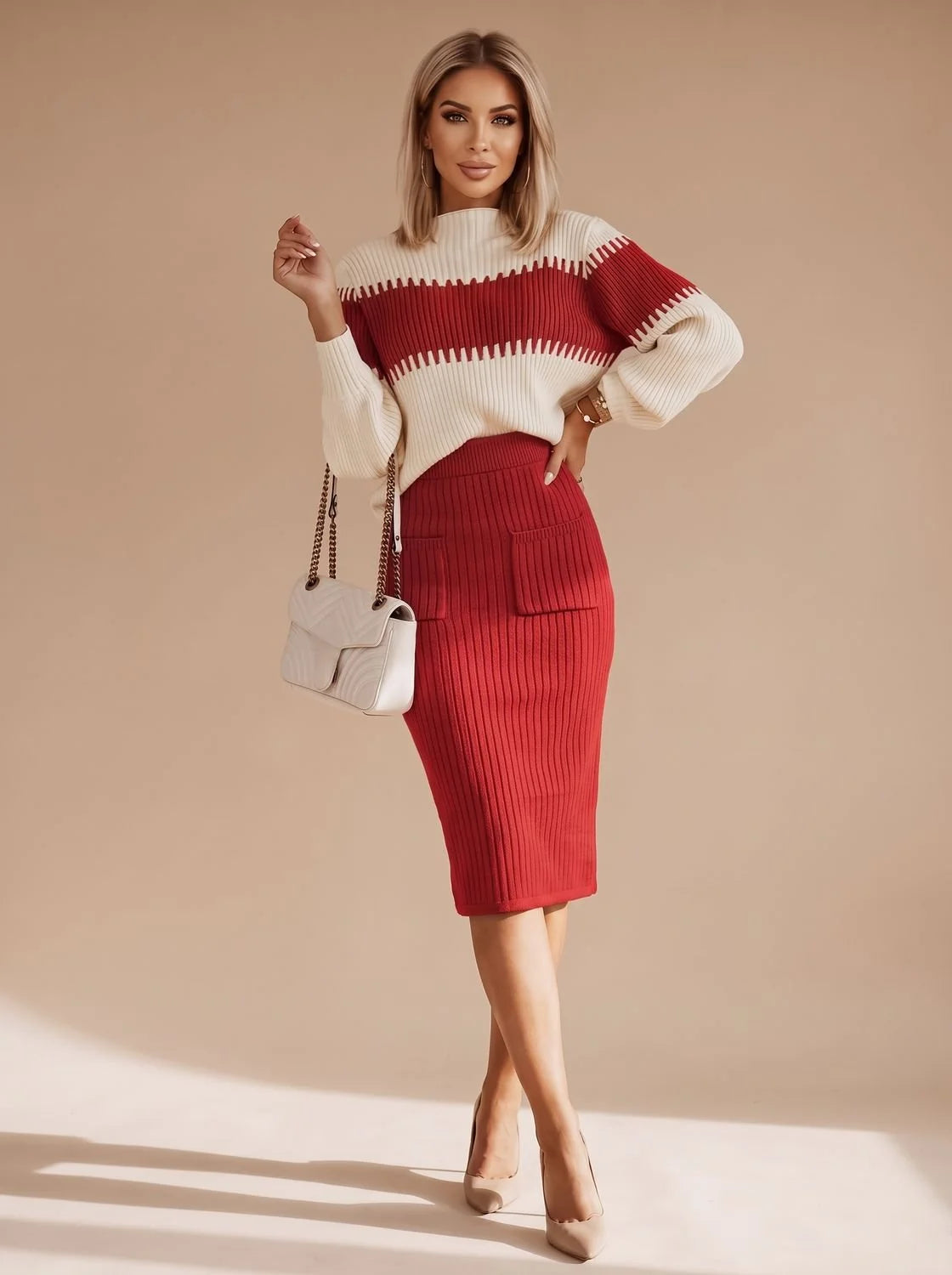 Lena | Women's Knit Turtleneck Sweater Set Midi Skirt