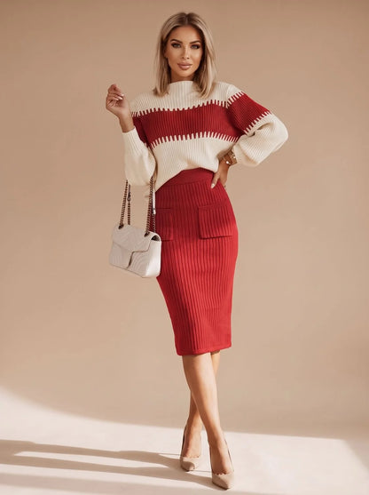 Lena | Women's Knit Turtleneck Sweater Set Midi Skirt