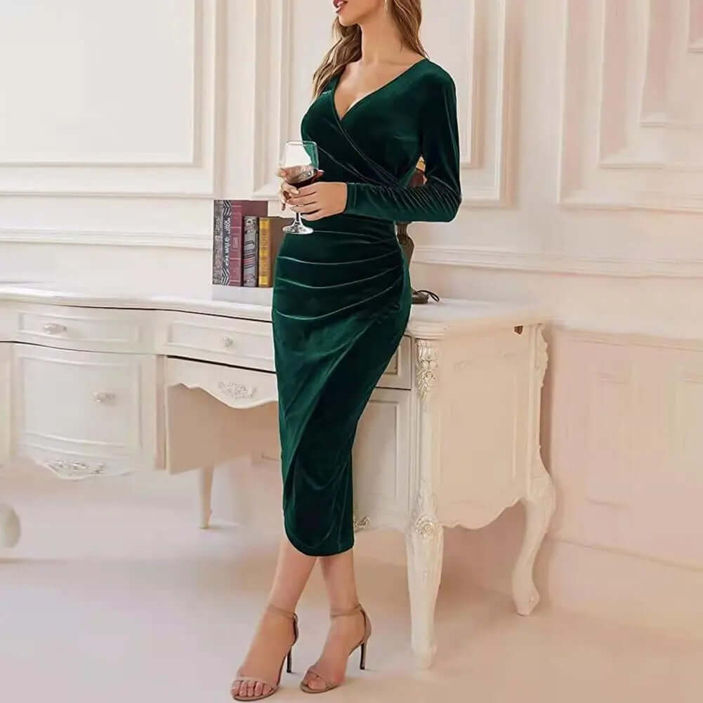 Livia | Women's Velvet Ruched Wrap Midi Dress