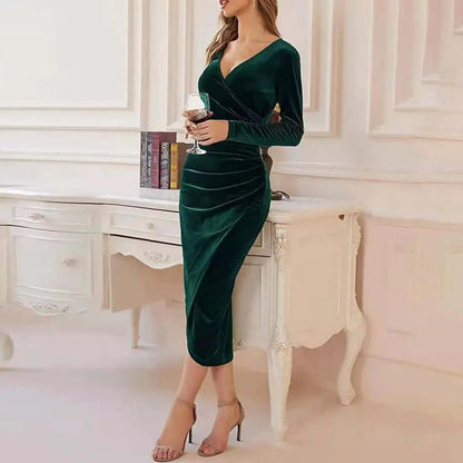 Livia | Women's Velvet Ruched Wrap Midi Dress