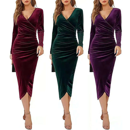 Livia | Women's Velvet Ruched Wrap Midi Dress
