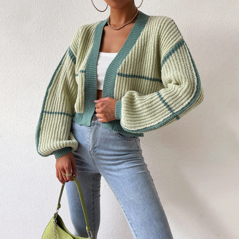 Louisa | Women's Color Block Balloon Sleeve Cropped Cardigan
