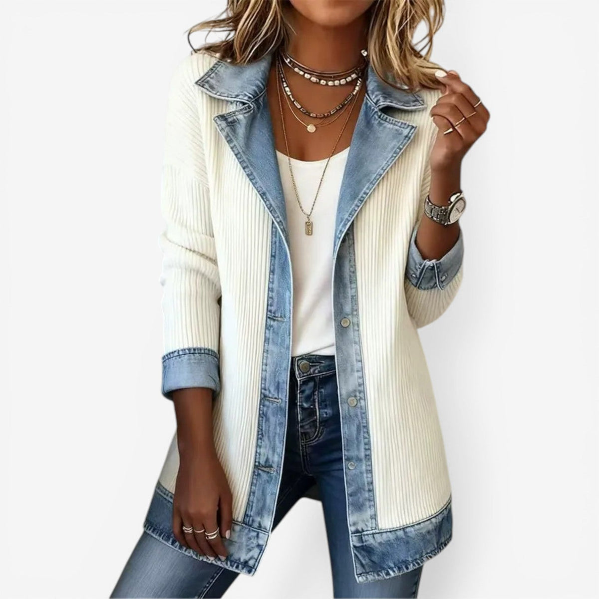Marlowe | Women's Ribbed Knit Contrast Denim Jacket