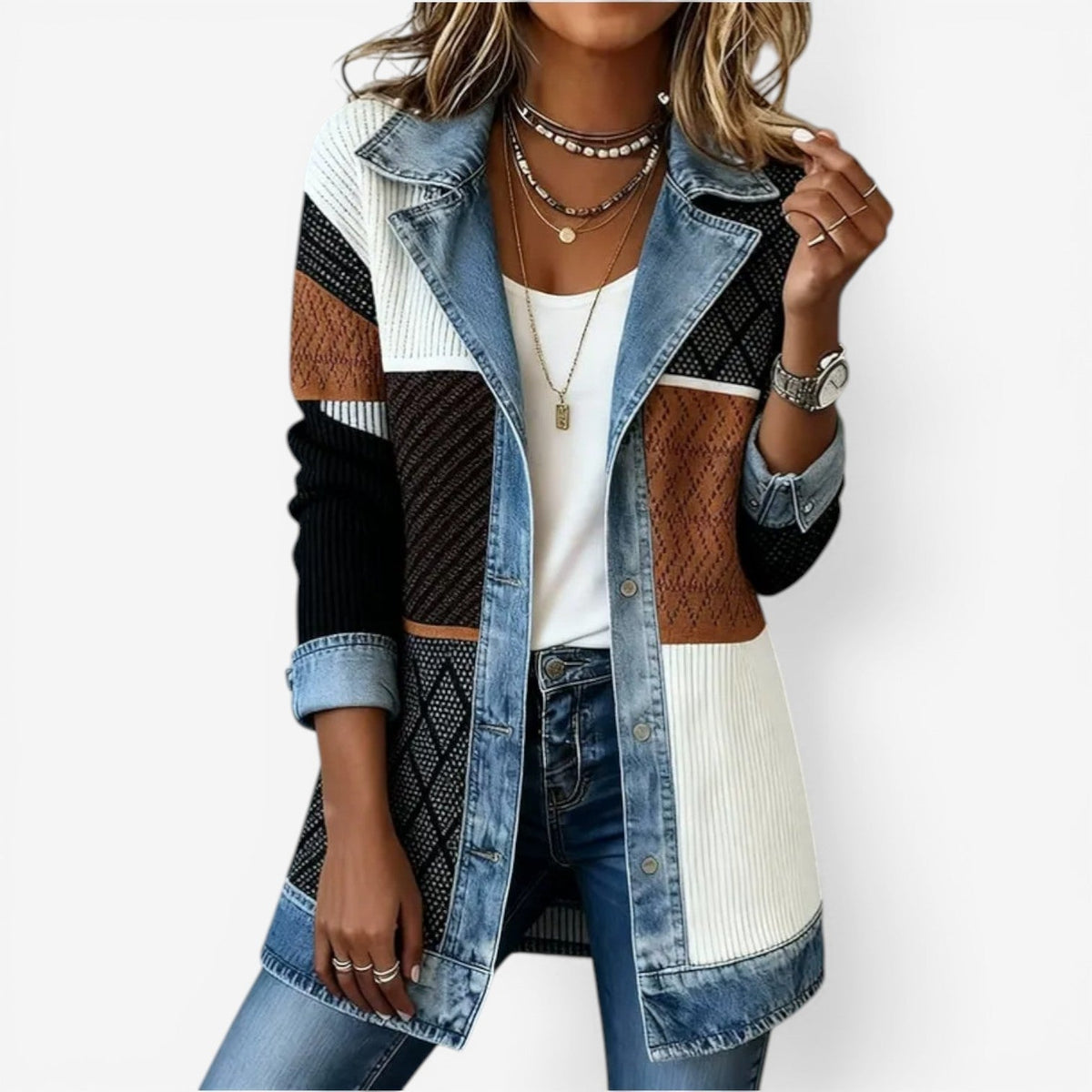 Marlowe | Women's Ribbed Knit Contrast Denim Jacket