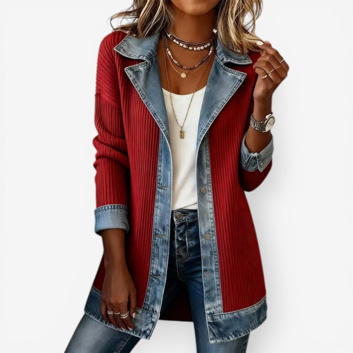 Marlowe | Women's Ribbed Knit Contrast Denim Jacket