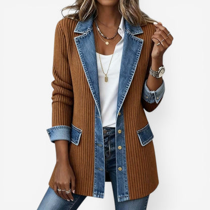 Marlowe | Women's Ribbed Knit Contrast Denim Jacket