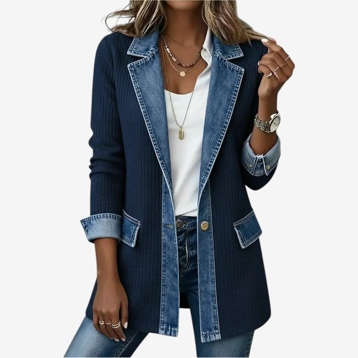 Marlowe | Women's Ribbed Knit Contrast Denim Jacket