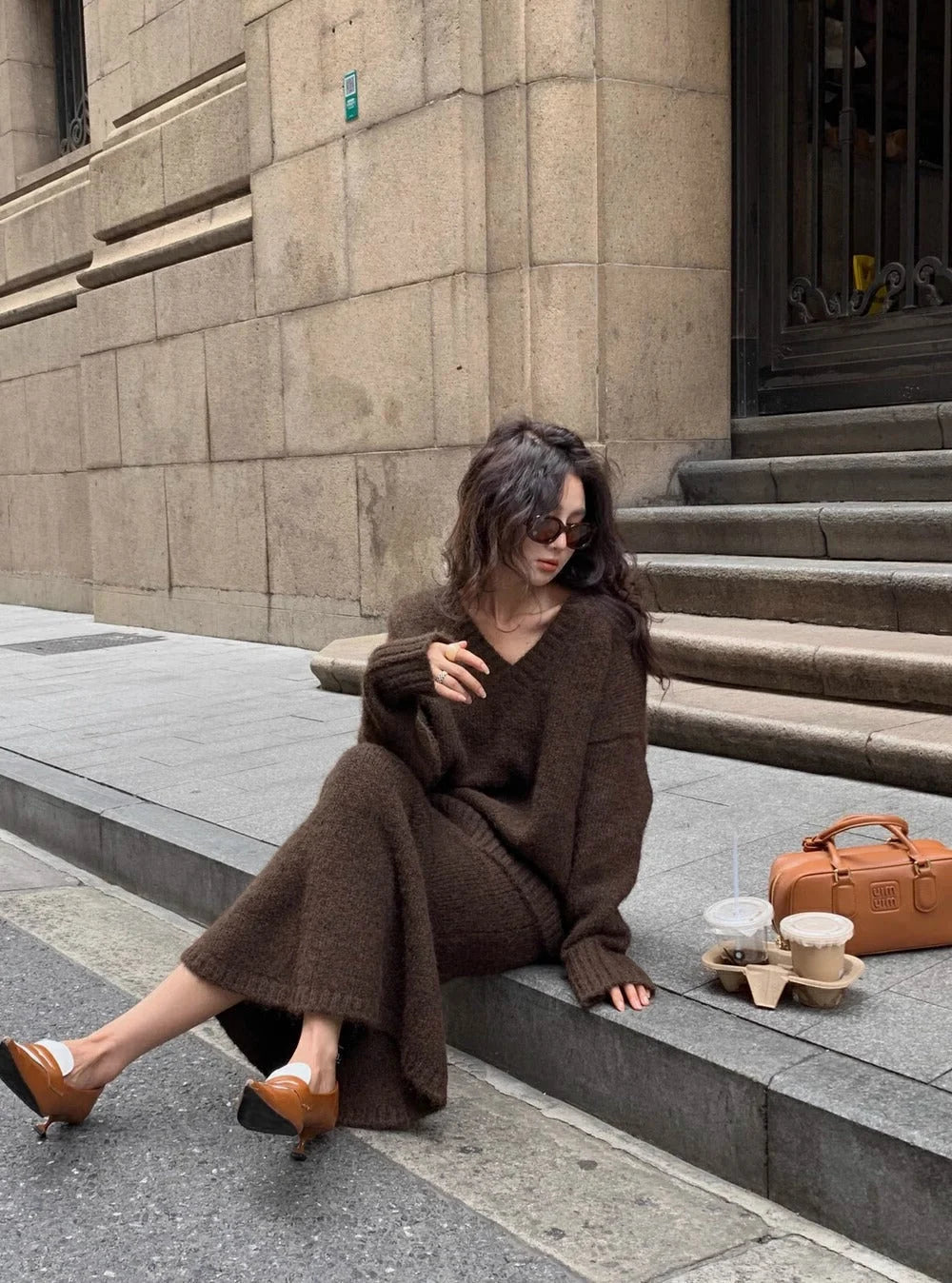Rose | Women's Knit Long Sleeve V-Neck Sweater Set