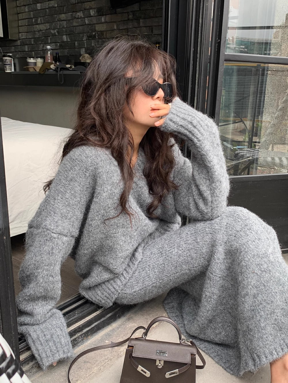 Rose | Women's Knit Long Sleeve V-Neck Sweater Set