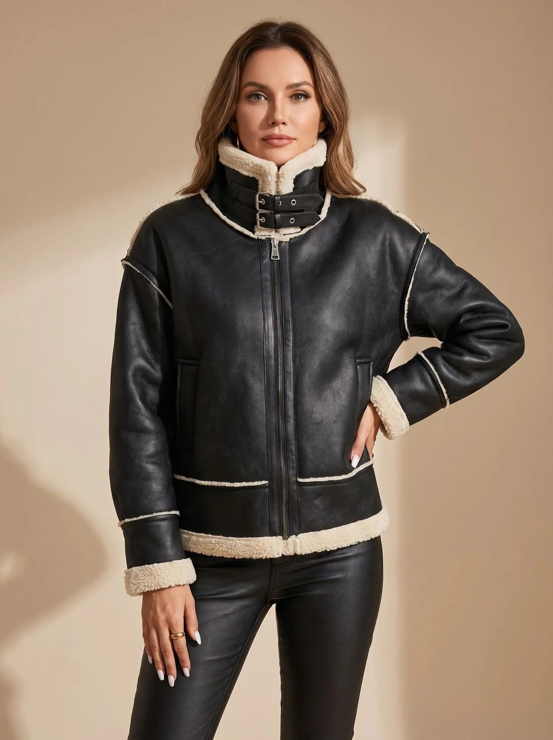 Sloane | Women's Faux Leather Sherpa-Lined Zip-Up Aviator Jacket
