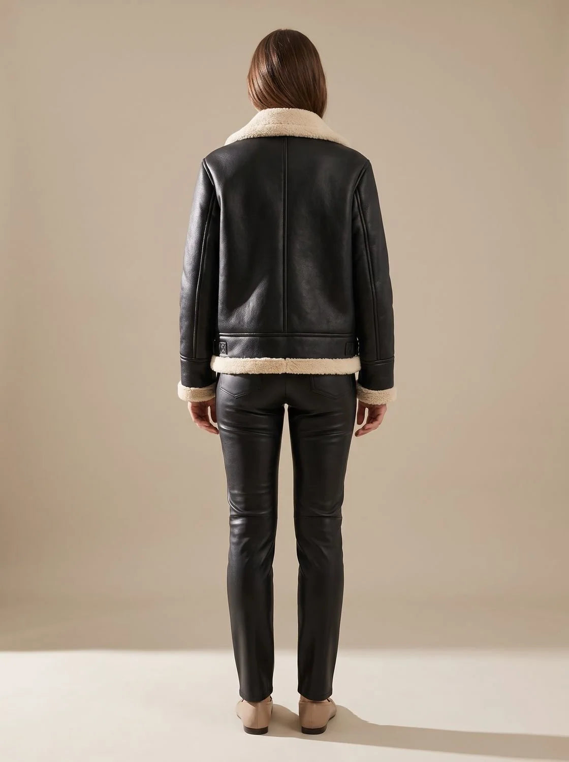 Sloane | Women's Faux Leather Sherpa-Lined Zip-Up Aviator Jacket