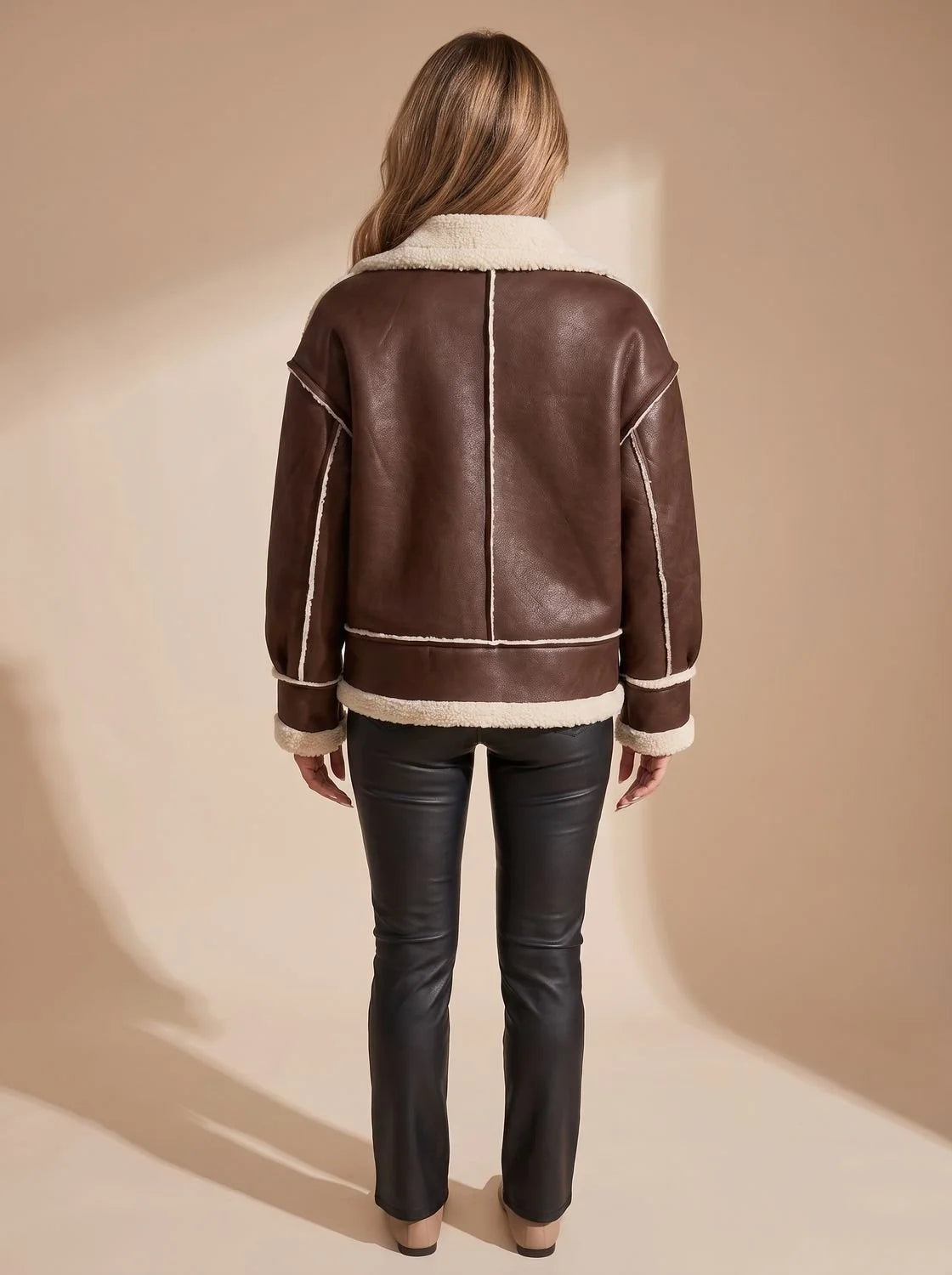 Sloane | Women's Faux Leather Sherpa-Lined Zip-Up Aviator Jacket