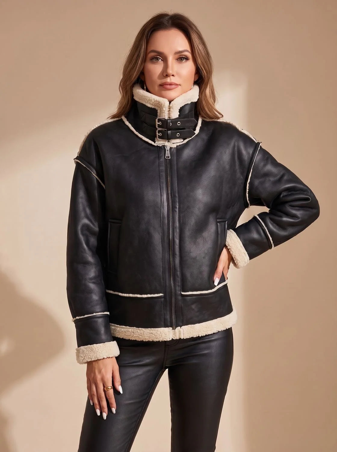 Sloane | Women's Faux Leather Sherpa-Lined Zip-Up Aviator Jacket
