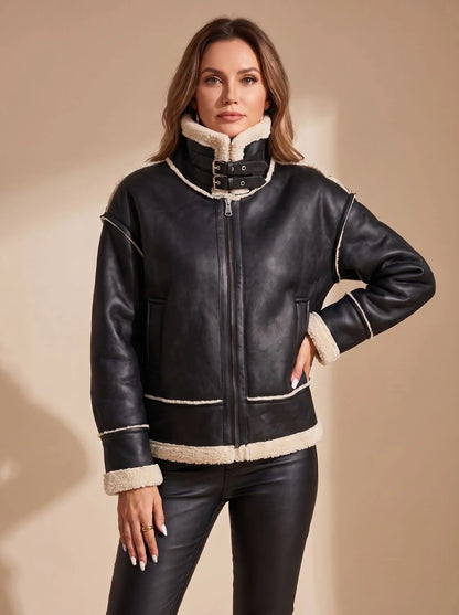 Sloane | Women's Faux Leather Sherpa-Lined Zip-Up Aviator Jacket