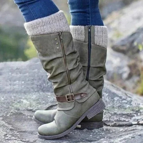 Solene | Women's Knit Cuff Buckle Knee High Boots