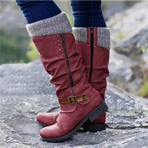 Solene | Women's Knit Cuff Buckle Knee High Boots