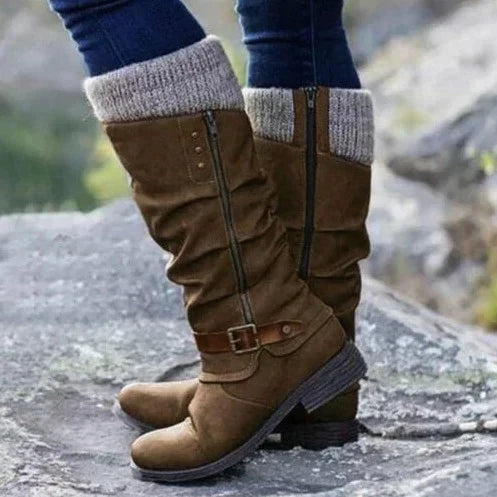 Solene | Women's Knit Cuff Buckle Knee High Boots