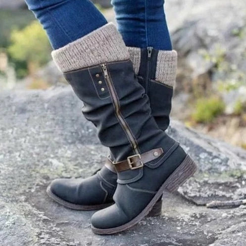 Solene | Women's Knit Cuff Buckle Knee High Boots