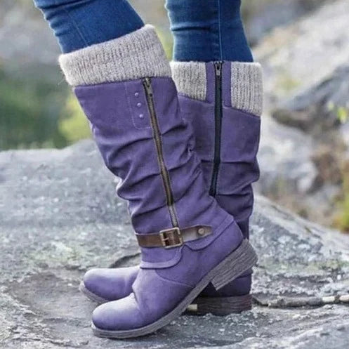 Solene | Women's Knit Cuff Buckle Knee High Boots