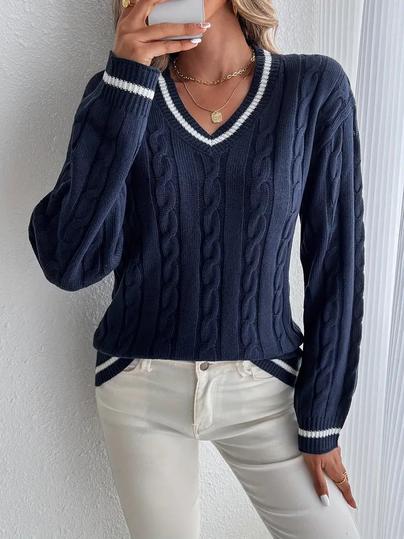 Vera | Women's Cable Knit V-Neck Striped-Trim Sweater