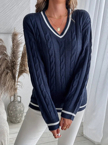 Vera | Women's Cable Knit V-Neck Striped-Trim Sweater