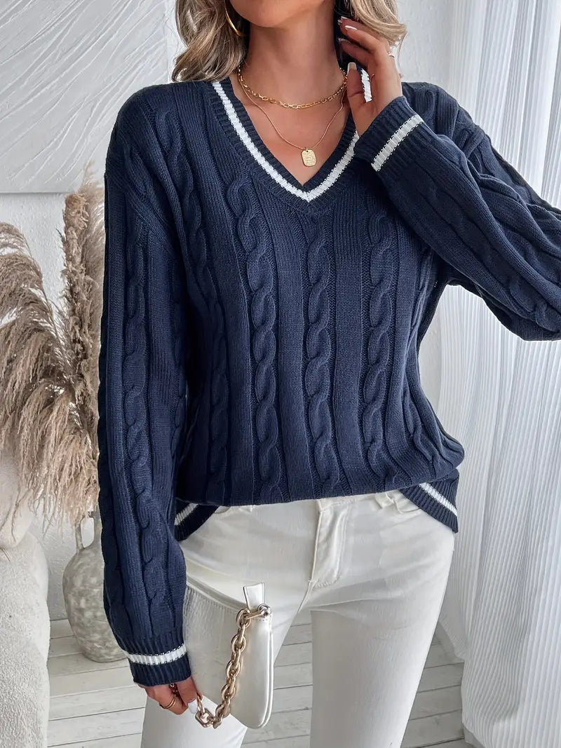 Vera | Women's Cable Knit V-Neck Striped-Trim Sweater
