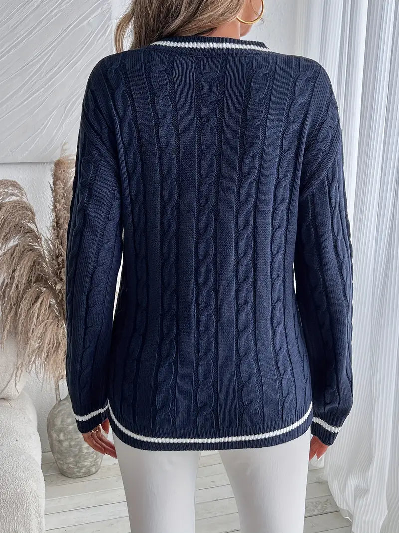 Vera | Women's Cable Knit V-Neck Striped-Trim Sweater